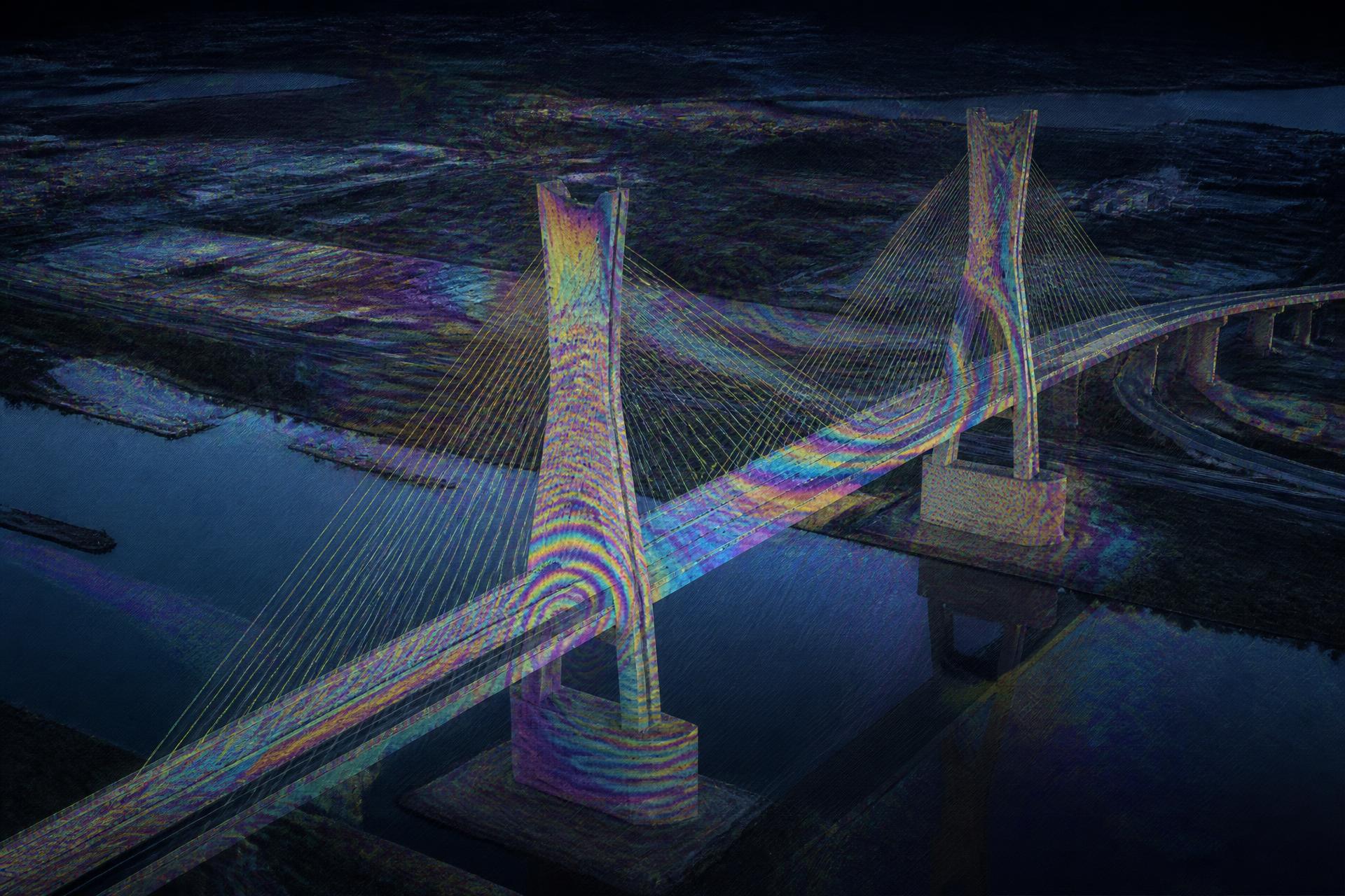 Ponte estaiada com franjas interferométricas sobrepostas